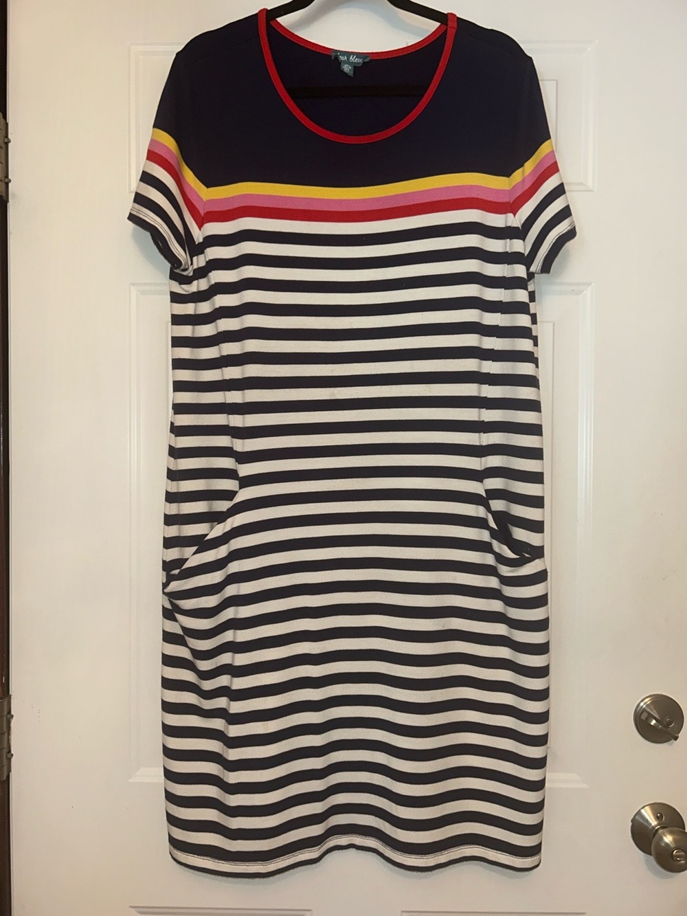 Anthropologie Fleur Bleue Stripe Dress Navy White Nautical Casual Pockets Casual